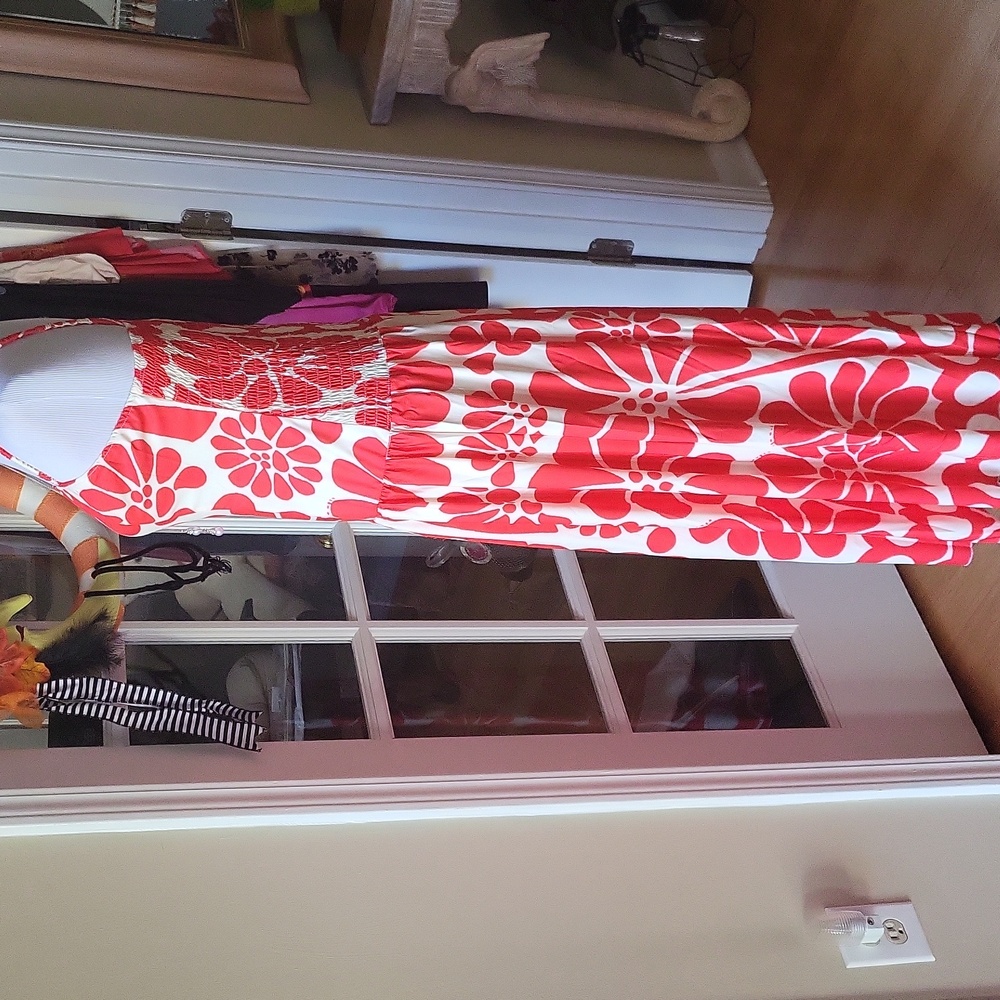 Red And White Designed Dropped Waist Maxi Dresd - Picture 8 of 11